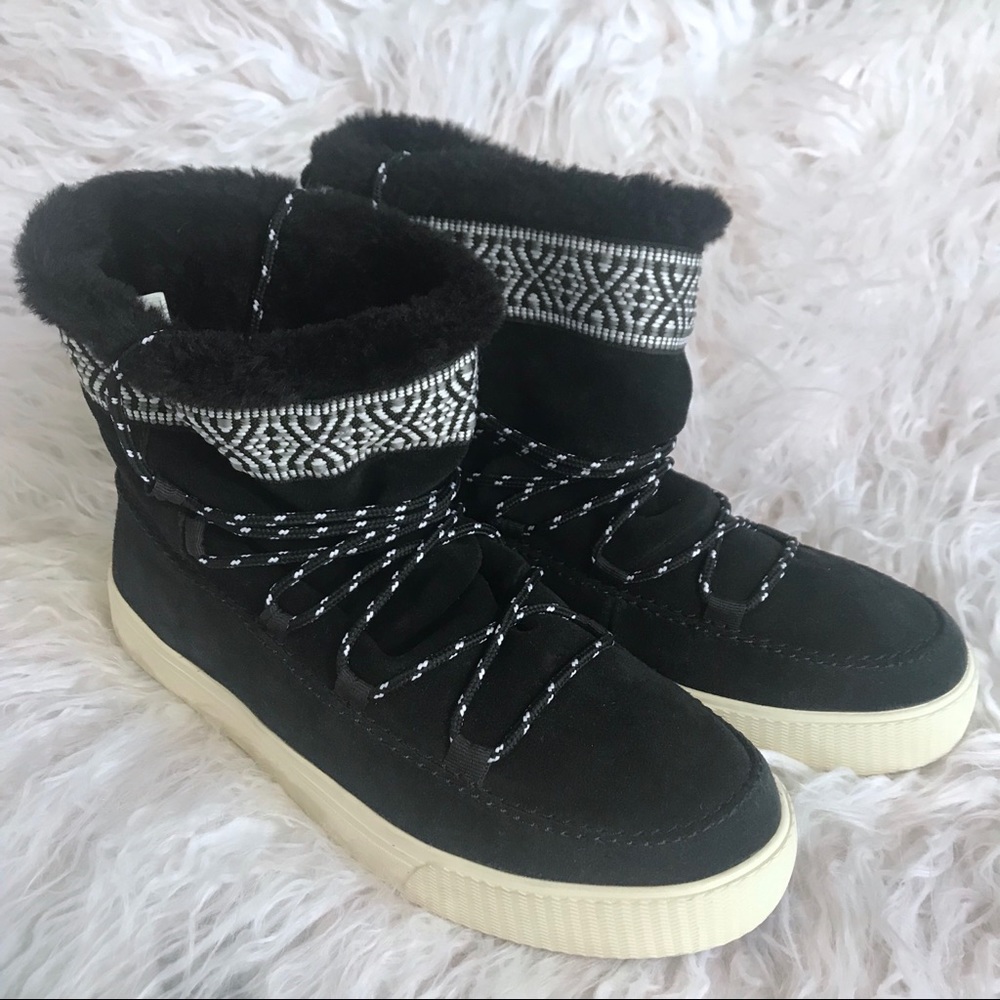 TOMS Alpine Boots Black Suede Waterproof Faux Fur